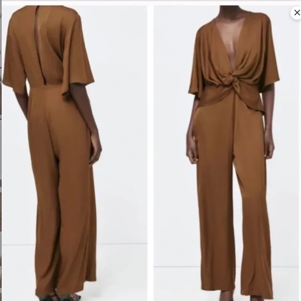 Zara Brown Satin Effect Twisted Effect Plunging Neckline Jumpsuit Size X… - Picture 10 of 16
